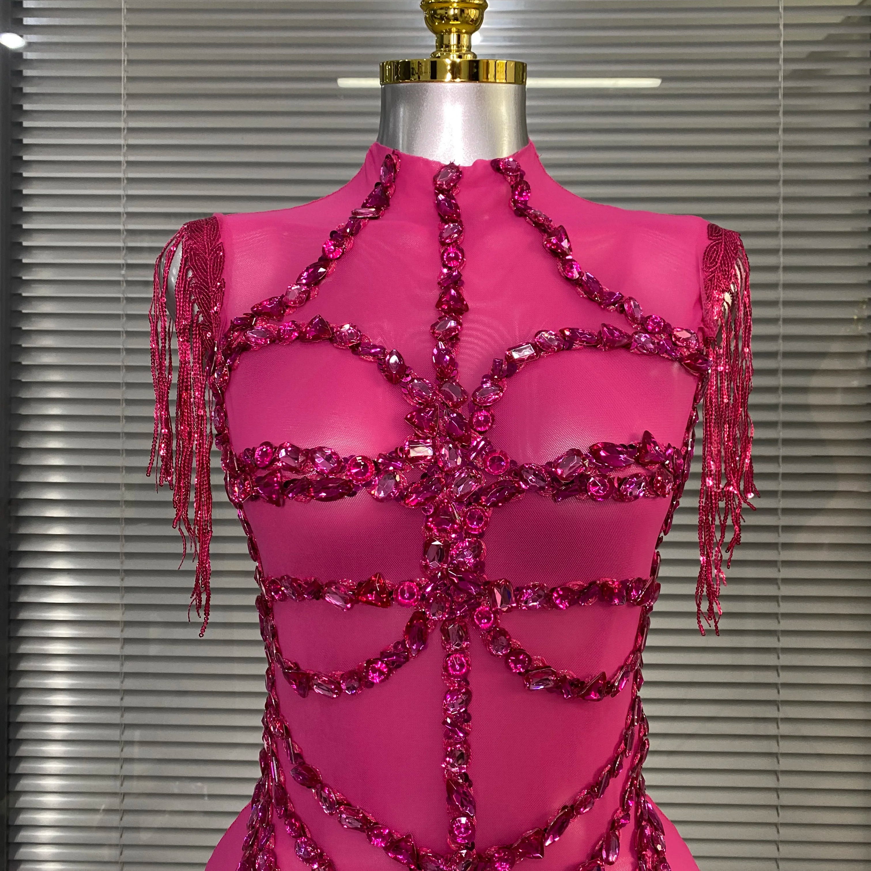 Women Sexy Tassel Crystal Diamonds Stretchy Night Club See Through Singer Dancer Stage Costume Hot Pink Party Bodysuit
