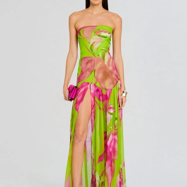 New Summer Print Strapless Mesh Patchwork Slit Long Dress Women Sexy Sleeveless Printed Split Colorful Vacation Maxi Dress Party