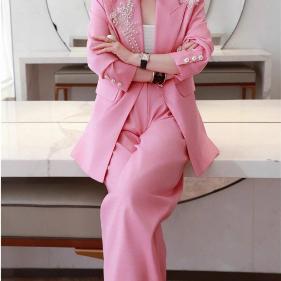 TWOTWINSTYLE Solid Spliced Appliques Two Piece Sets for Women Lapel Long Sleeves Patchwork Button Top High Waist Pant Set Female