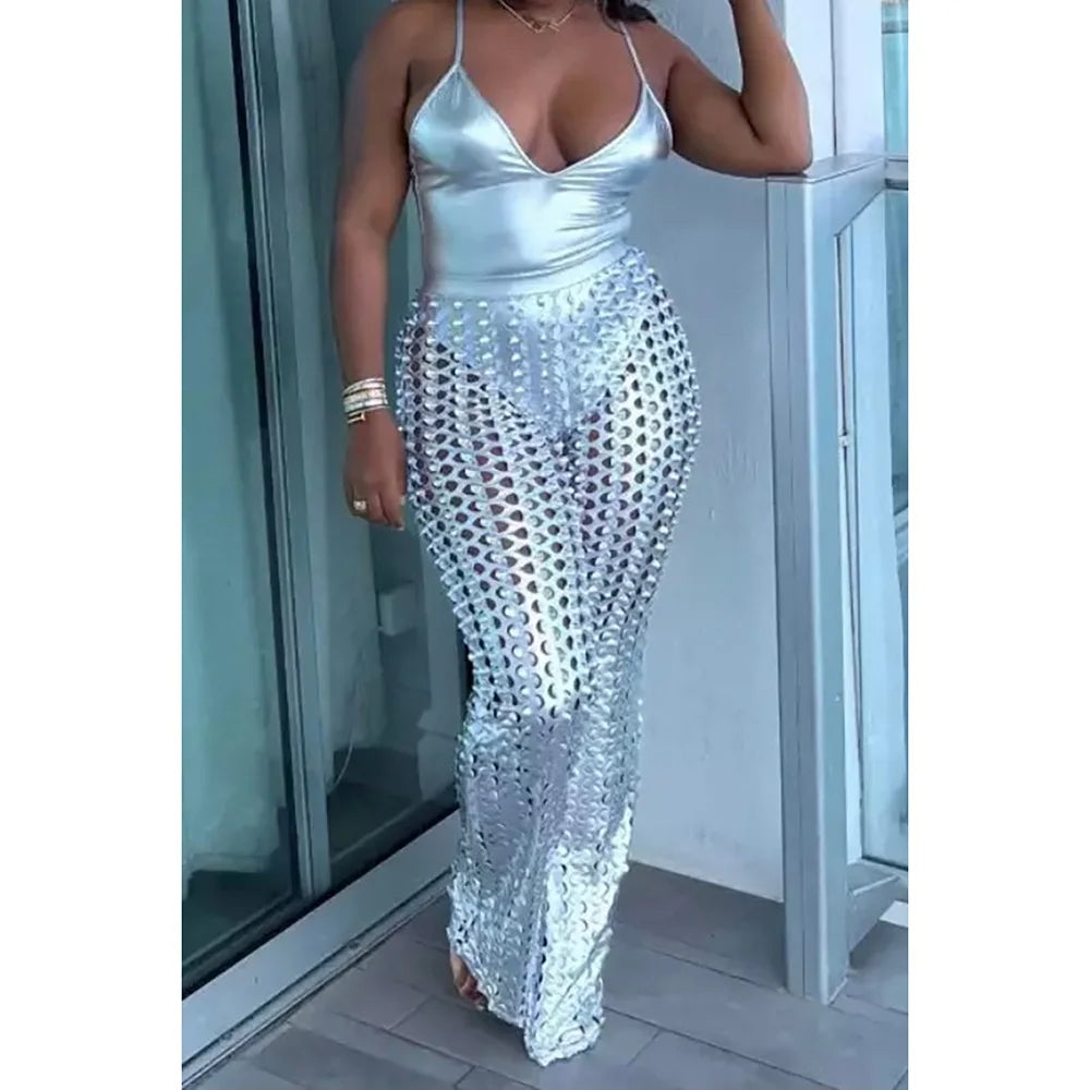 Plus Size Silver Festival Metallic Hollow Sleeveless Two Pieces Pant Sets
