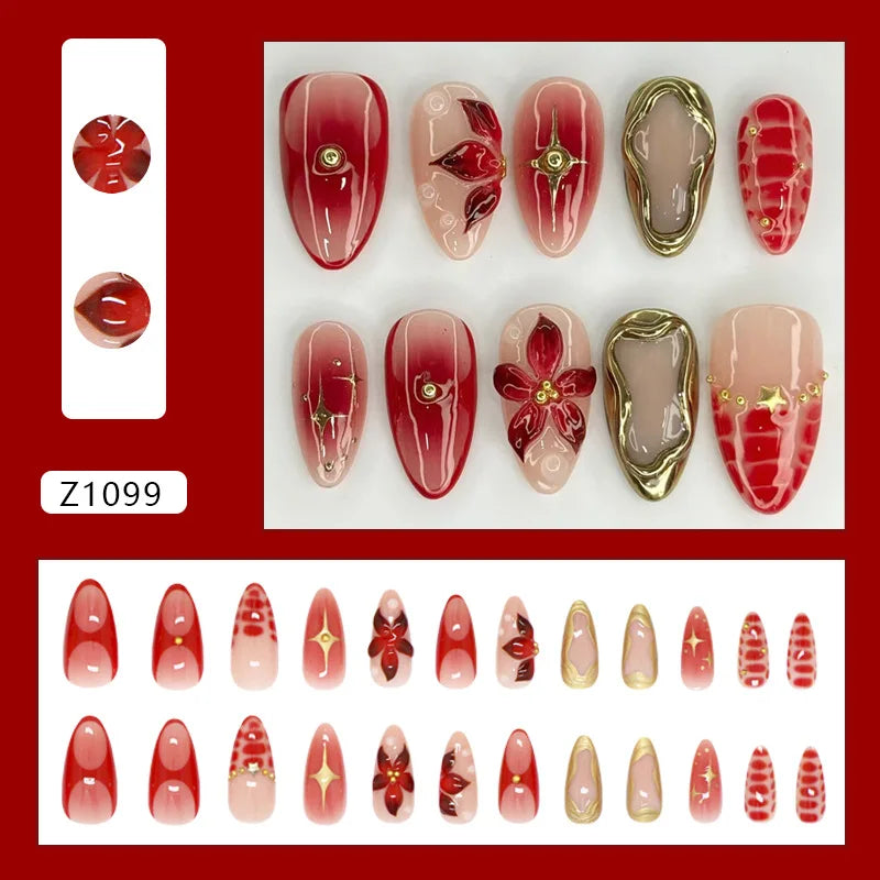 24pcs Sweet Cool Press on Nails with Red Flower Print Y2k False Nails for Girl Wearable Detachable French Almond Fake Nail Tips
