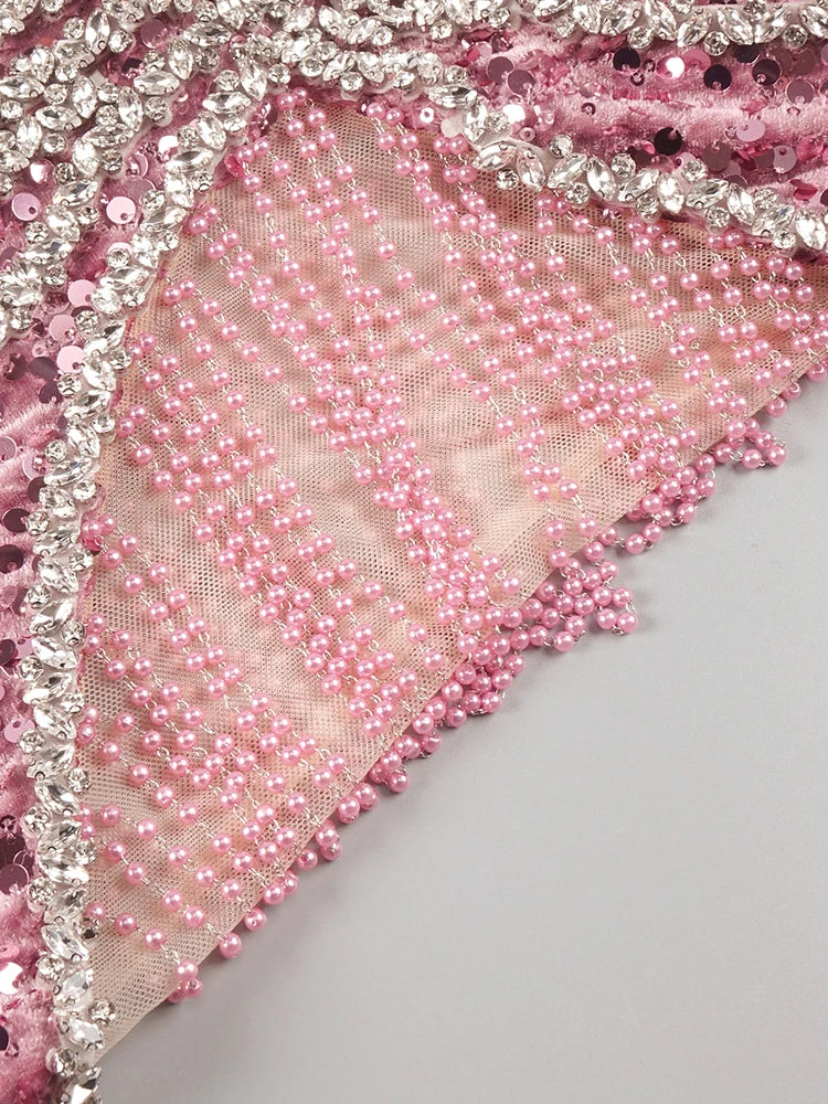 VC Pink Sparkly Sequins Long Dress Pearls Chains Design Off the Shoulder Long Sleeves Formal Occasion Mermaid Party Evening Gown