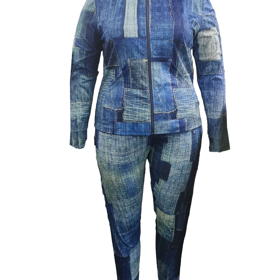 LW Plus Size Imitaton Denim Pocket Design Regular Fit Pants Set 2023 Women Autumn Winter Gradient Print Two Pieces Matching Sets