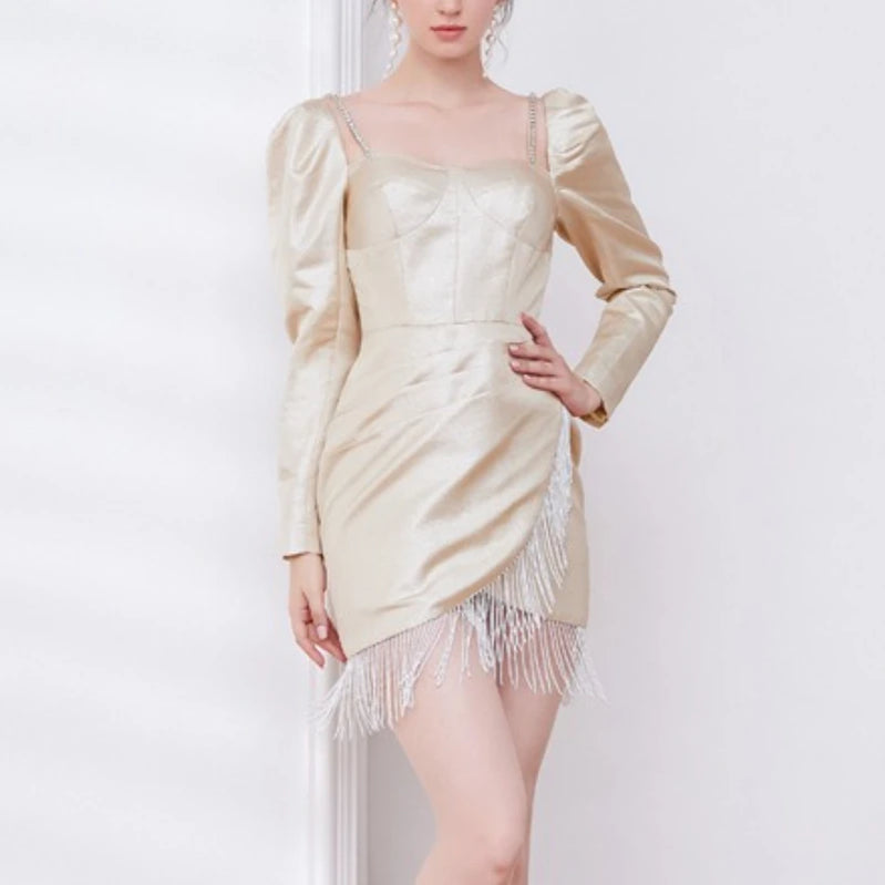 TWOTWINSTYLE Solid Slimming Spliced Tassels Elegant Dresses for Women Square Neck Long Sleeves Patchwork Folds Dress Female New