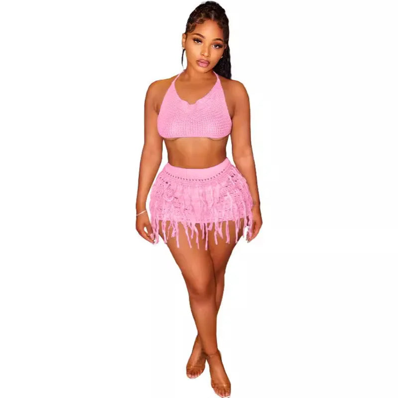 CM.YAYA Beach Holiday Knit Crochet Tassel Women Two 2 Piece Set Outfits Bra Top and Mini Skirt Suit 2024 INS Street Dress Set