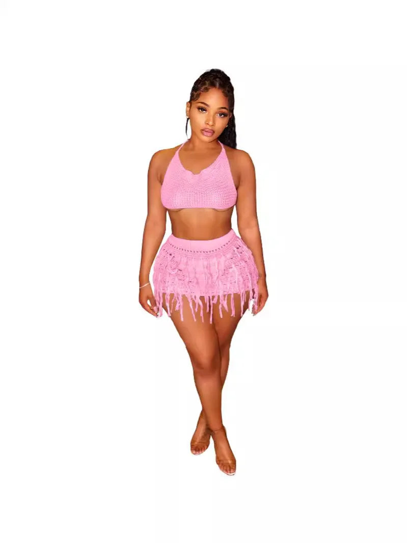 CM.YAYA Beach Holiday Knit Crochet Tassel Women Two 2 Piece Set Outfits Bra Top and Mini Skirt Suit 2024 INS Street Dress Set