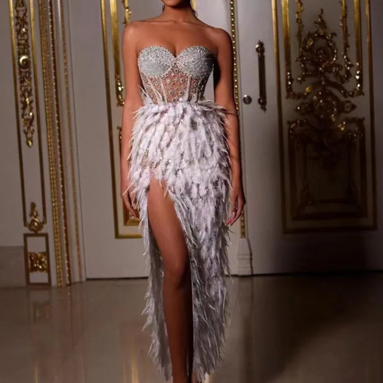 New Women Summer Sexy Strapless Backless Sequins Feather Pearl Beading Ankle Length Dress 2023 Elegant Evening Party Dress