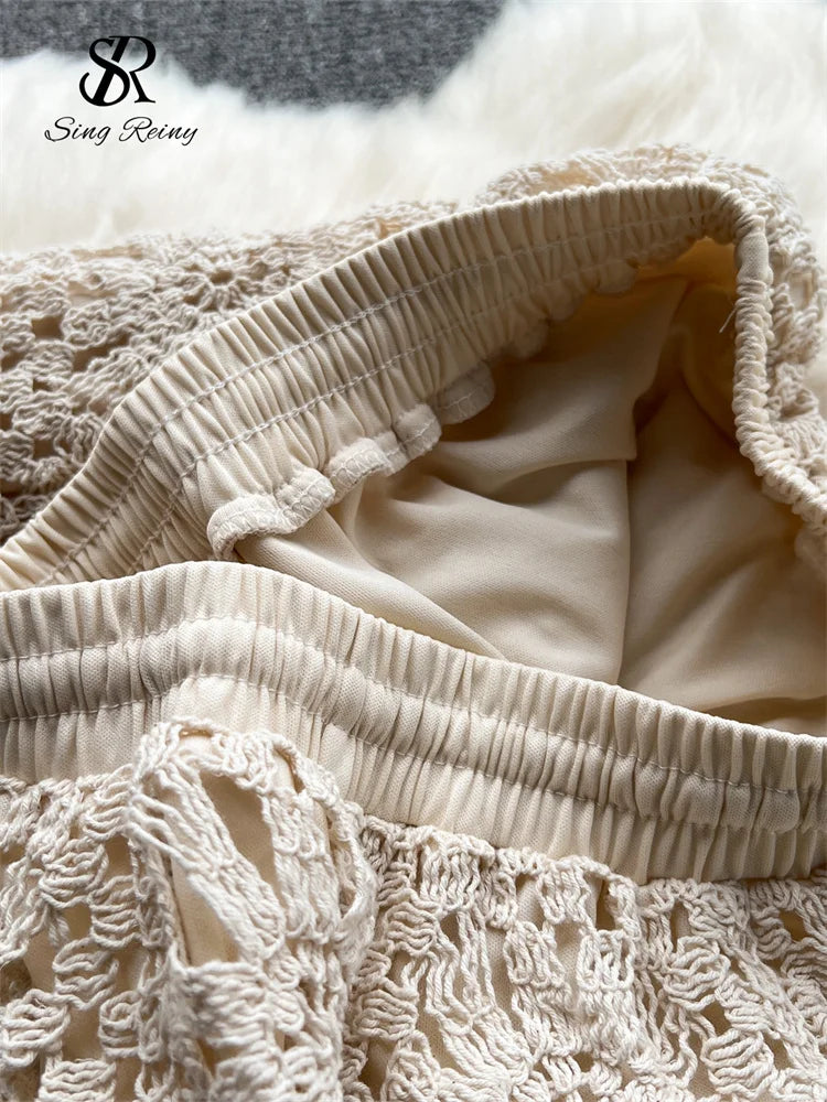 SINGREINY Fashion Knitted Two Piece Sets Halter Tassel Short Sexy Top+Hook Flower Retro Skirt Bohemian Vacation Beach Style Suit