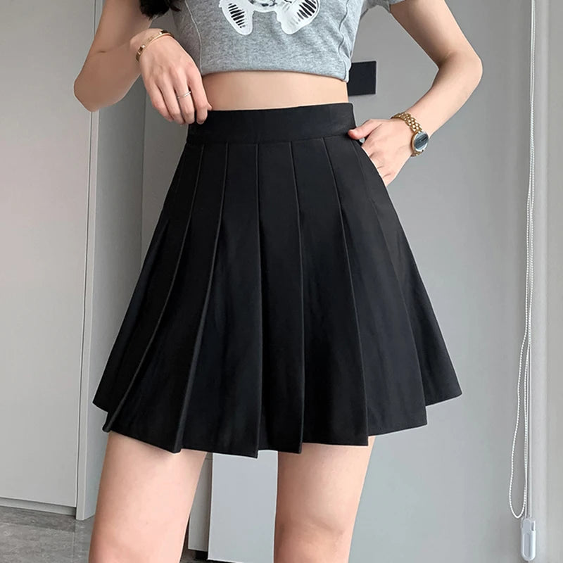 Korean Elastic High Waist Pleated Skirt Woman Black Gray Short A-Line Skirts for Women Summer Jk Uniform Mini Skirt black