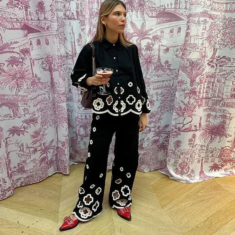 Spring Autumn Fashion Women Flower Hollow Out embroidery Pants Set Retro Lapel Long Lantern Sleeve Shirt Suit  Streetwear