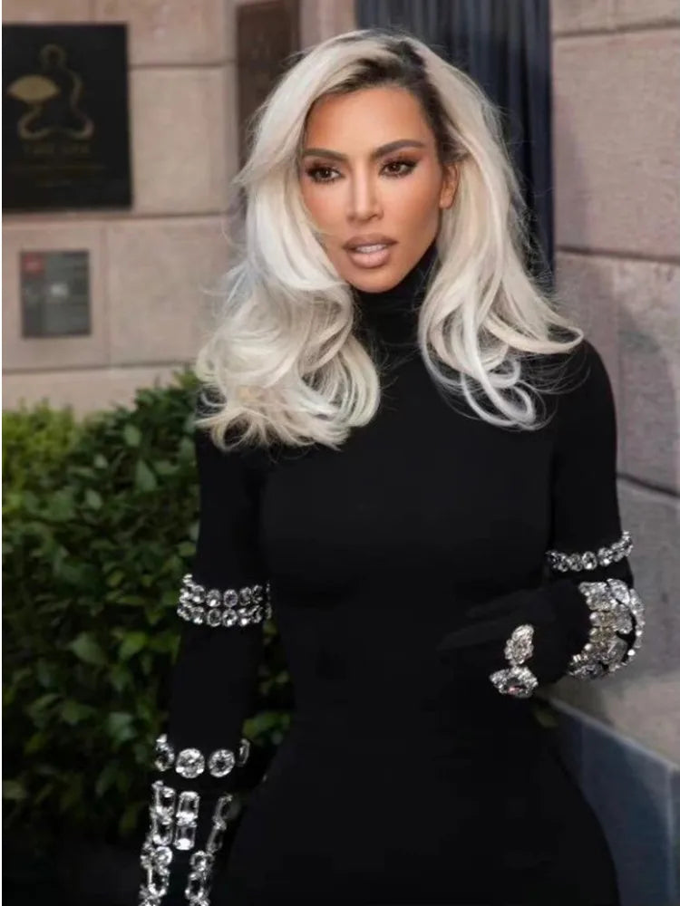 Macacão feminino de celebridades no tapete vermelho, manga longa, sexy, com cristais grandes, bandagem justa, para festa e boate