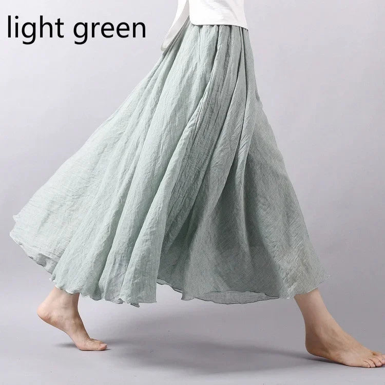 14 Colors Linen Maxi Skirt Pleated Vintage Boho Maxi Long Casual Cotton Beach Skirt Empire A-Line Linen Skirt Ladies Clothing light green One Size