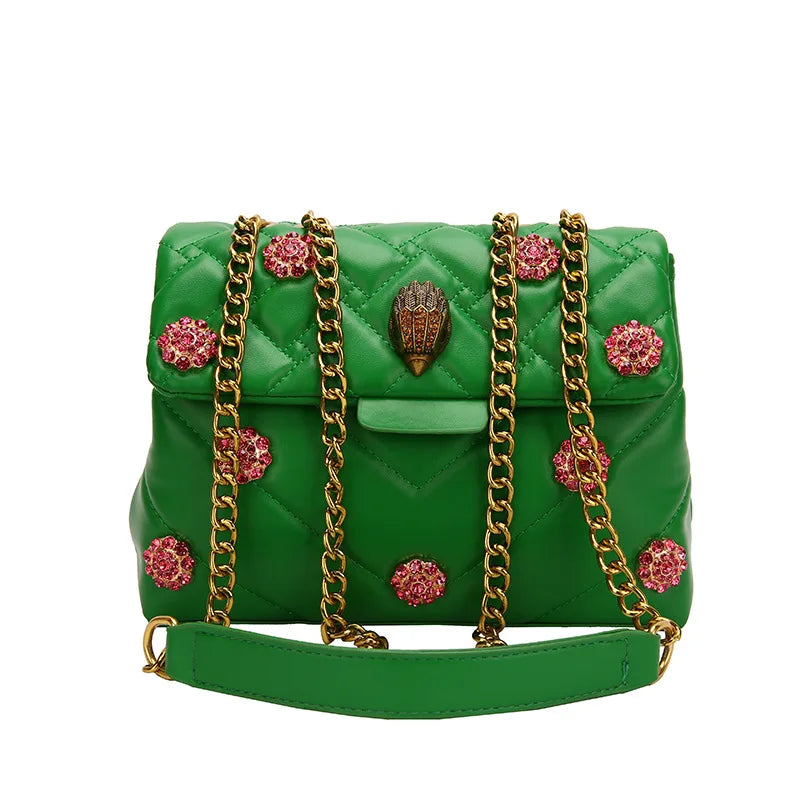 Summer Eagle Head Chain Crossbody Bags for Women UK Brand Designer Fashion Trend Handbag PU Shoulder Bag Diamond Flower Bag green 23X17X7CM
