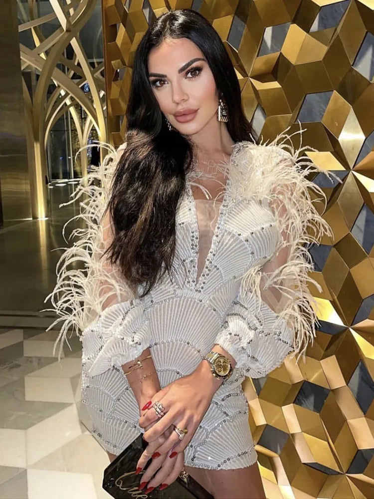 Women Summer Sexy Long Sleeve Beige Sequins Mesh Pearl Feather Mini Bodycon Gowns Dress 2023 Elegant Evening Party Club Dress