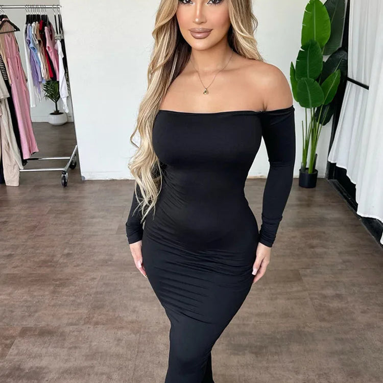 Sexy Off the Shoulder Slash Neck Party Dress Women Clothing Night Club Backless Ruched Bodycon Dresses Long Sleeves Vestidos