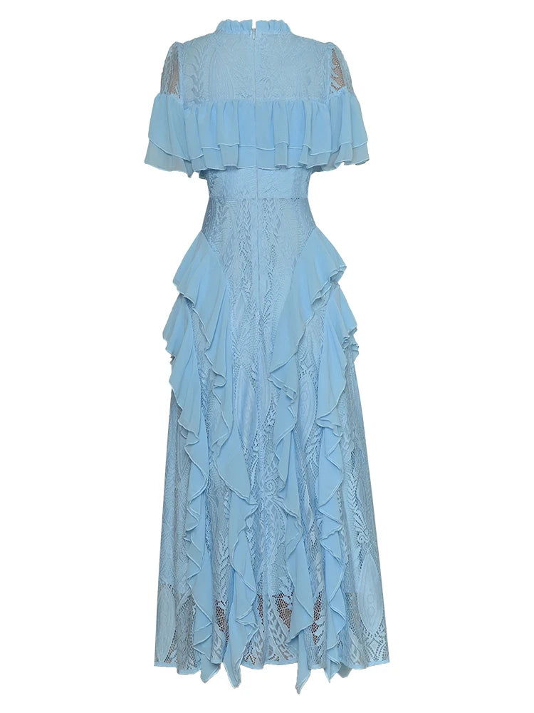 Summer Runway Ruffles Patchwork Lace Dresses for Women Blue Elegant Short Sleeve Party Dress Fashion Holiday Vestidos