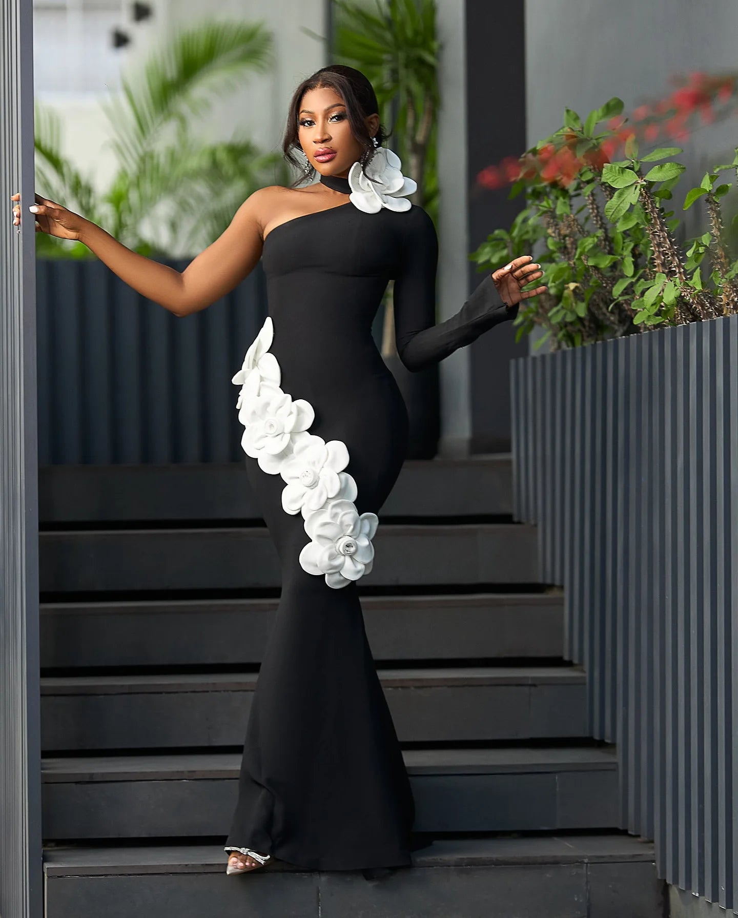 High Quality Women Sexy One Sleeve White Florals Bodycon Long Bandage Dress Fashion Nightclub Party Cocktail Outfit Vestido