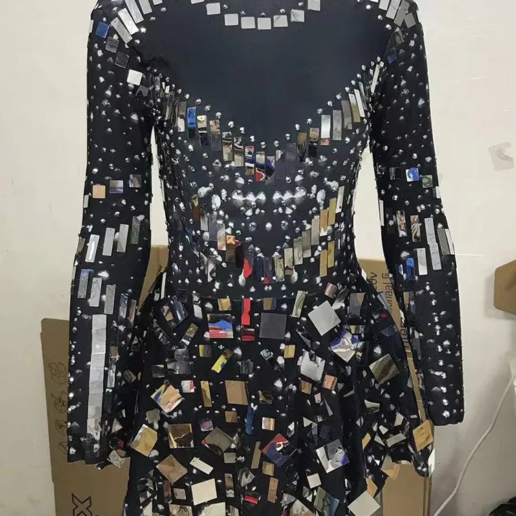 Raquel Mirror Party Dress Black Stretch Stage Dance Dress Nightclub Party Celebrate Dress Women Dancer Performance Clothes black