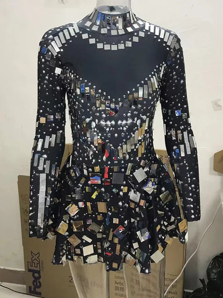 Raquel Mirror Party Dress Black Stretch Stage Dance Dress Nightclub Party Celebrate Dress Women Dancer Performance Clothes black