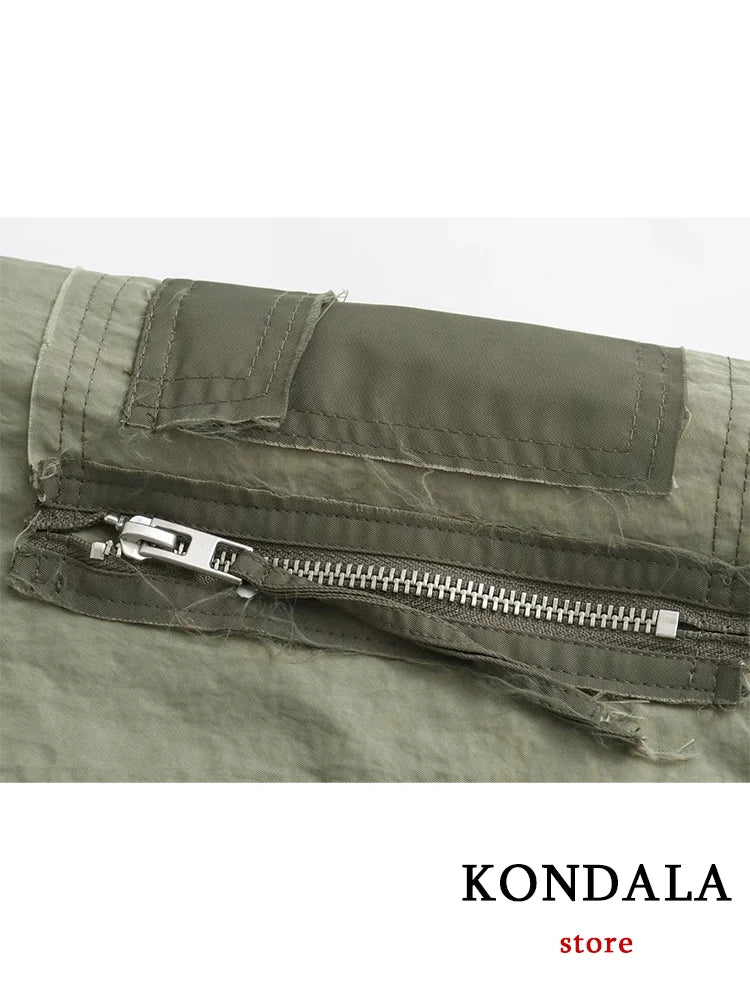 Streetwear Armygreen Bomber Jackets Women Patchwork Zipper Pockets Oversized Jackets Fashion 2024 Autumn Winter Coats