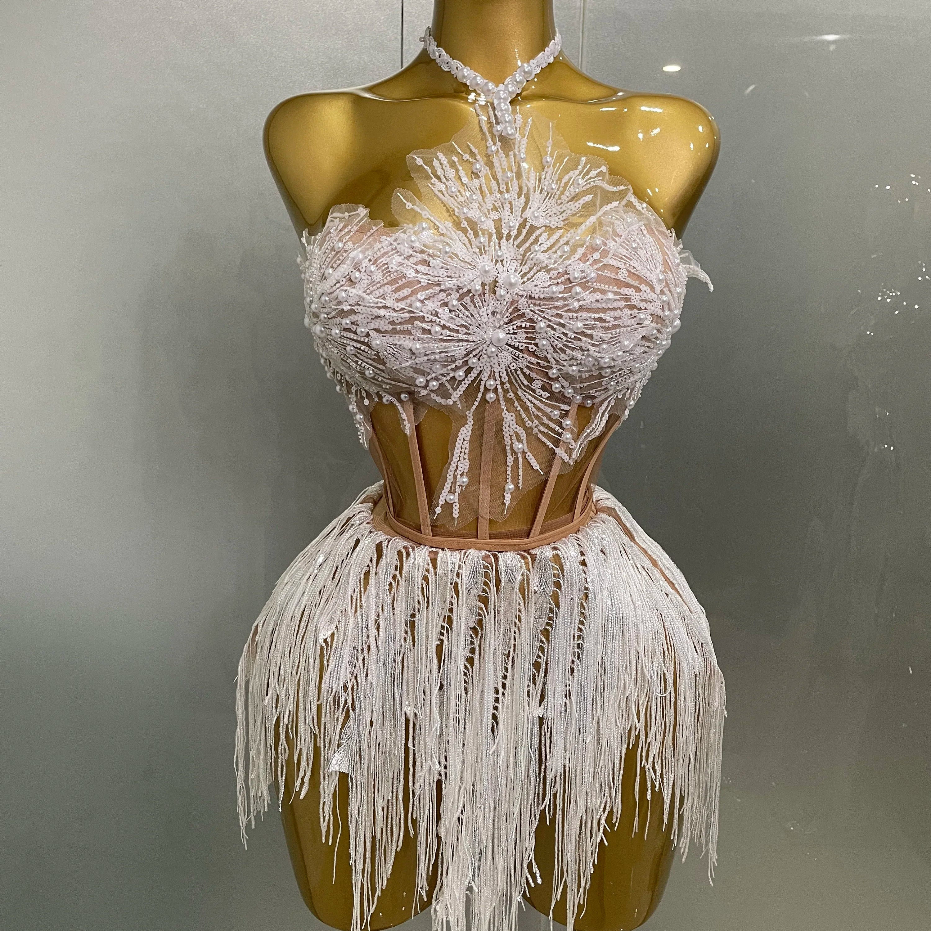 2025 Sexy Pearl Sequins Tassel Sleeveless Glitter Mini Dress Women Singer Bar Nightclub Stage Performance Clothing Show Outfit