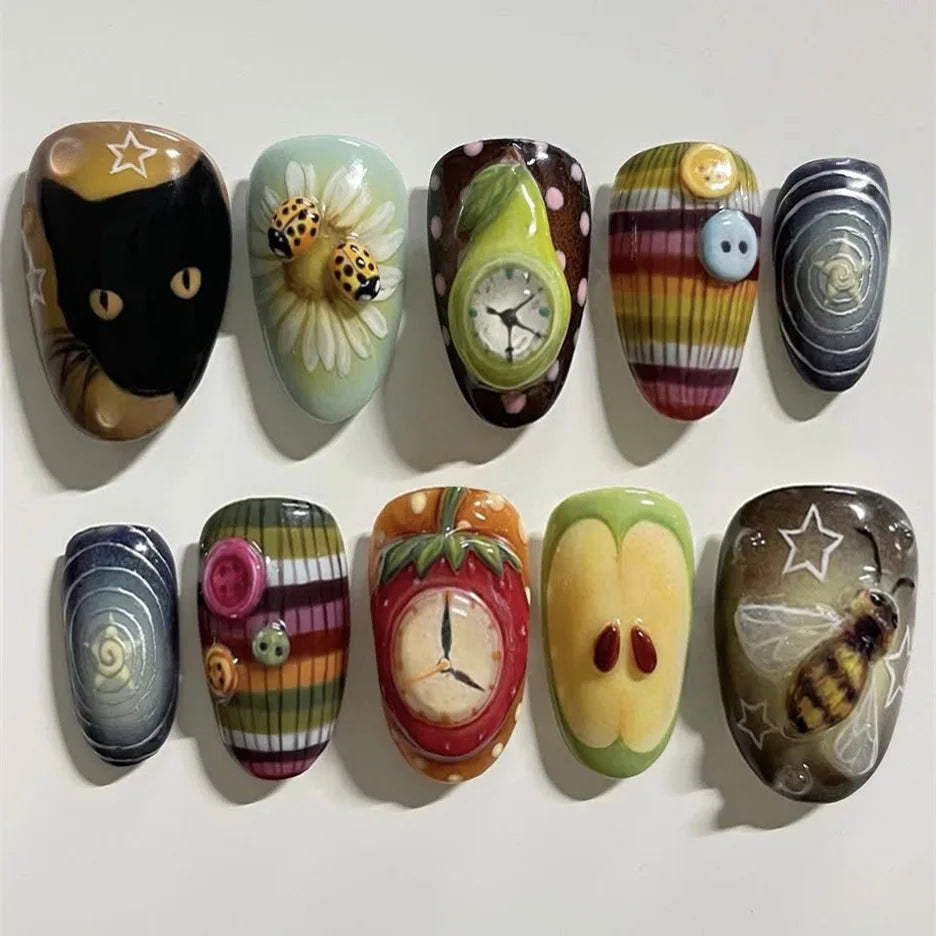 24pcs Cute Cartoon Nails Sets Press on Colorful Short Almond False Nails Art Finished Detachable Rabbit Insect Design Fake Nail