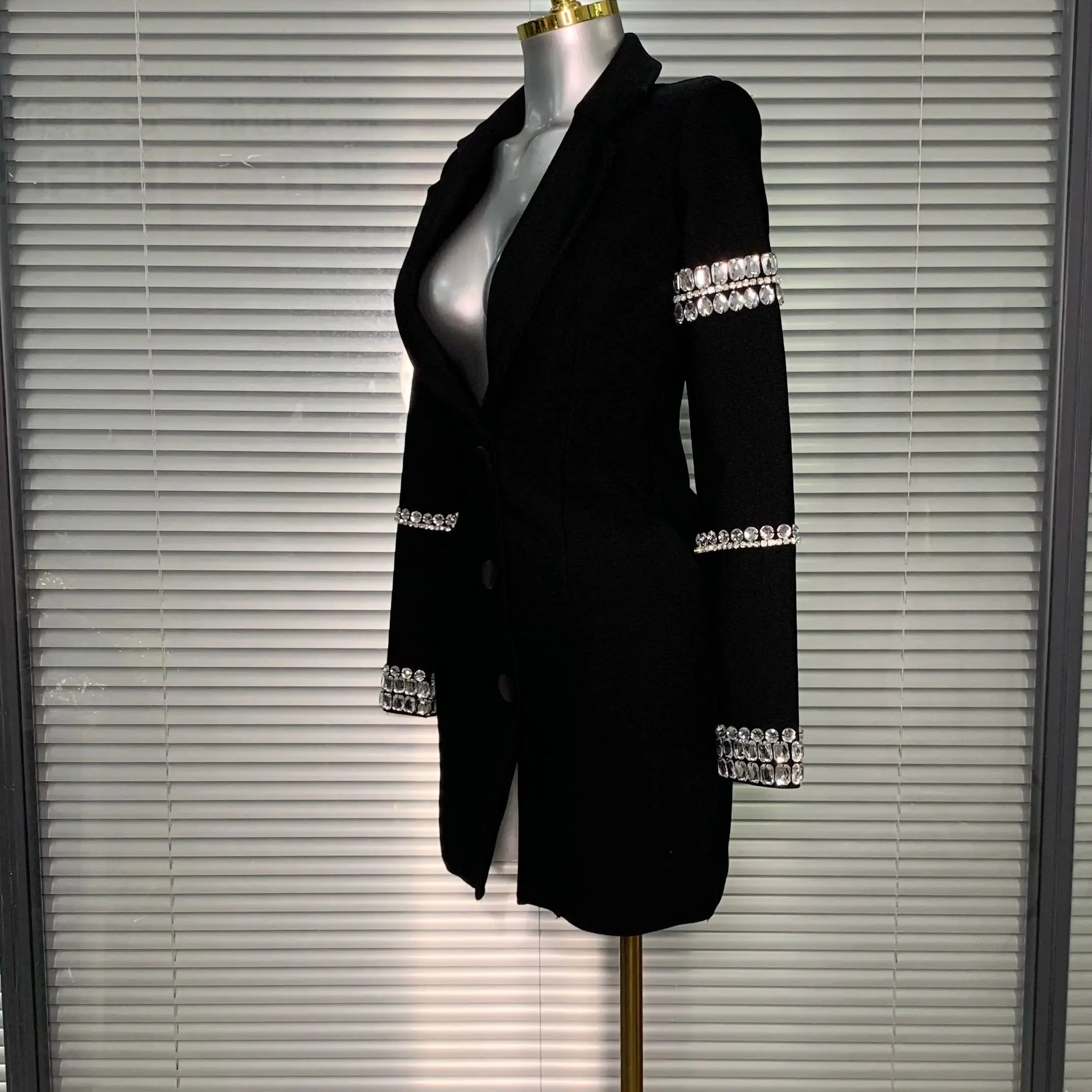 Brand New 2025 Women Sexy Deep V Neck Long Sleeve Beaded Blazer Bandage Dress Elegant Evening High Street Party Dress