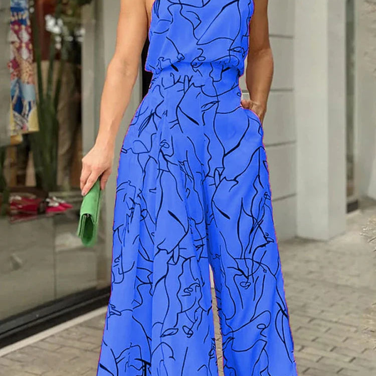 Women's Elegant Waist Halter Jumpsuit Casual Print Tie Sleeveless Wide Leg Long Pant Summer Clothing Blue