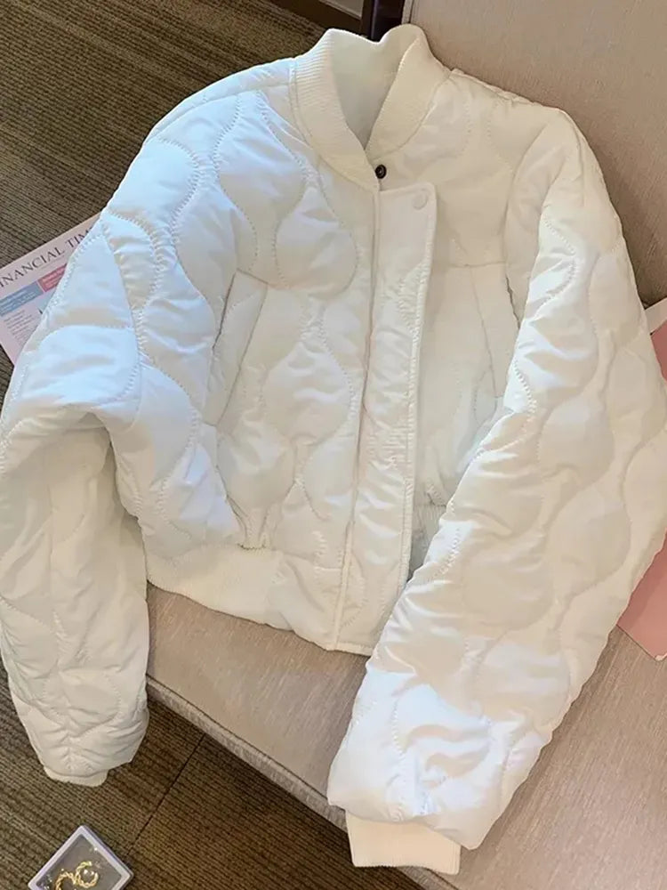 White Women Light Parkas Designed Winter Korean Slim Puffer Coat Casual O Neck Thick Cotton Padded Female Short Jacket