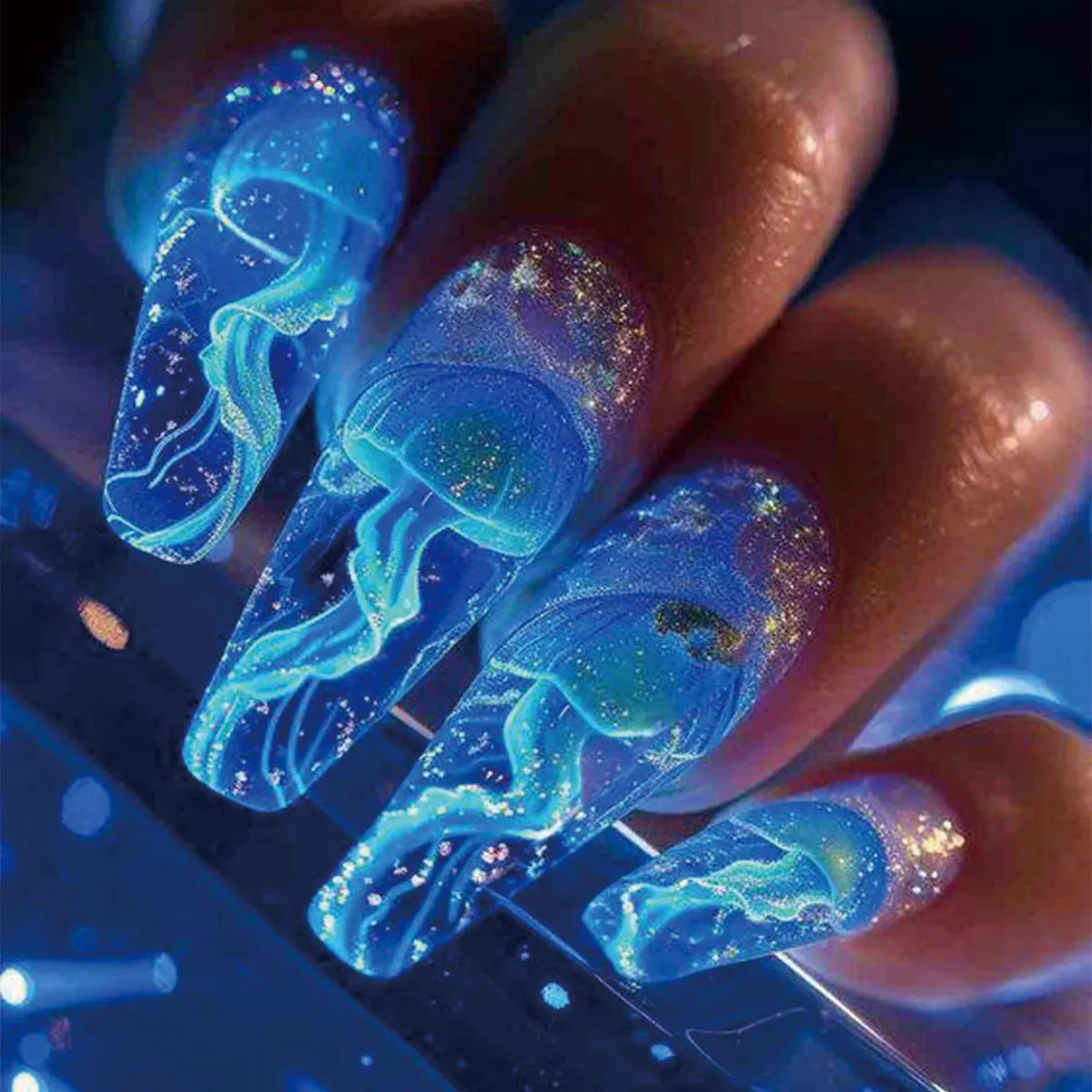 24pcs/set short Medium quare Glossy Ballerina Fake Nails jellyfish blue sea wave flowers geometric design press on false nails