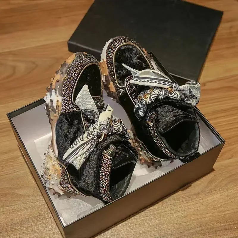 Hot Leather Casual Shoes Rhinestones High Top Sneakers Women Vulcanized Lace Up New Internet Celebrity All-Match Flat Thick Sole