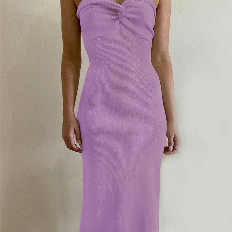 Tossy Strapless Knit Maxi Dresses For Women Summer Beach Party Bodycon Dress Off-Shoulder Twist Knitting Evening Backless Dress PURPLE