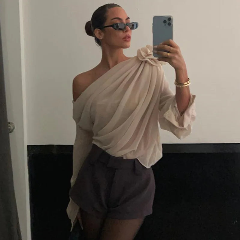 Cryptographic Skew Collar Floral Applique Mesh Chiffon Tops for Women Elegant Fashion Club Cropped Tops See Through Pullover New apricot