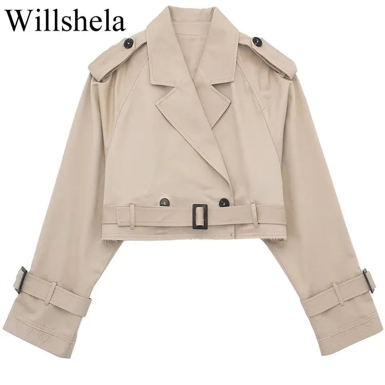 Willshela Women Fashion With Belt Cropped Trench Jacket Vintage Notched Neck Long Sleeve Female Chic Lady Coat Outfits Khaki