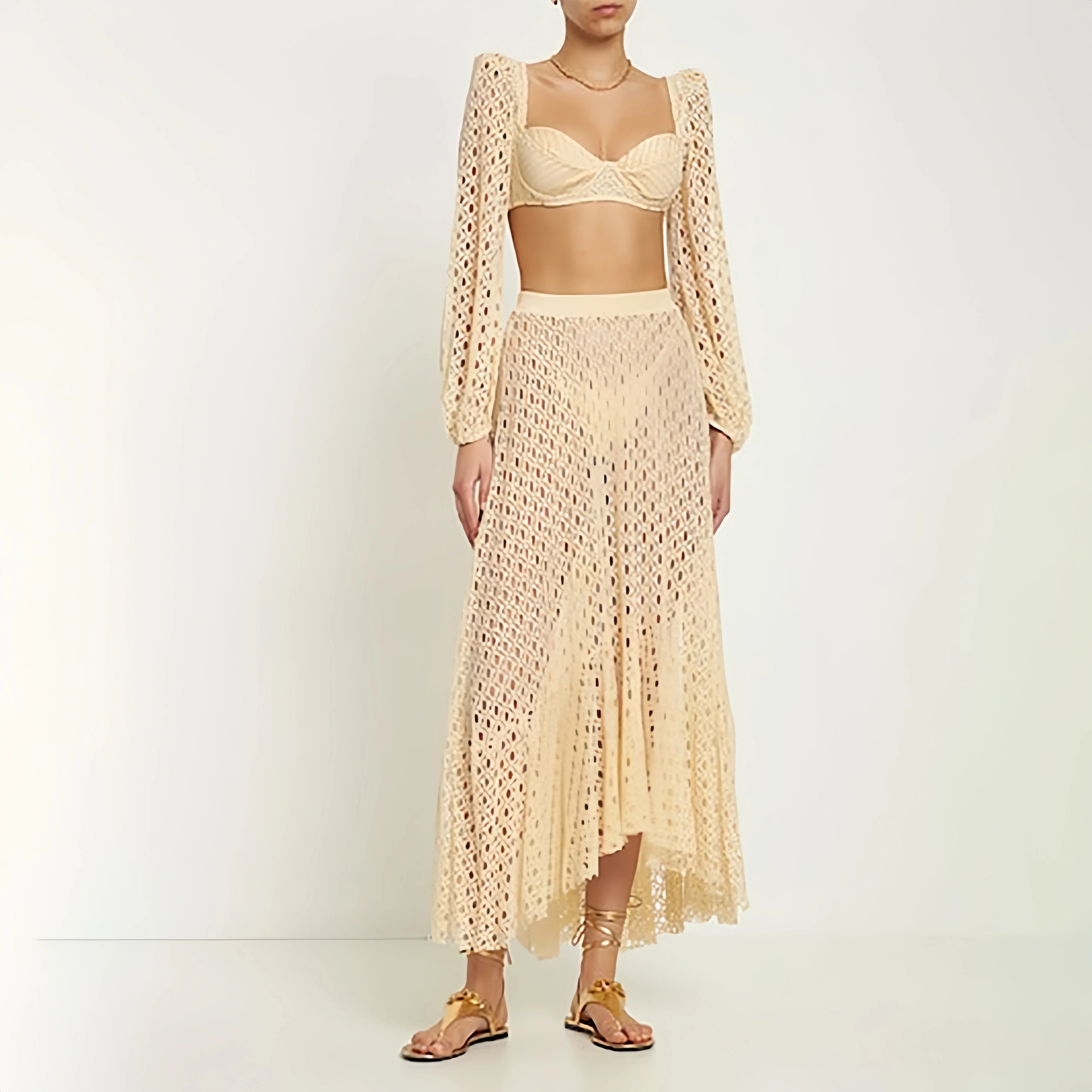 Knit Mesh Crochet Long Sleeve Bikini Sets Cut Out Stretch Swimsuit Cover Up Luxury Swimwear Women's Beach Outfits Beachwear 2024