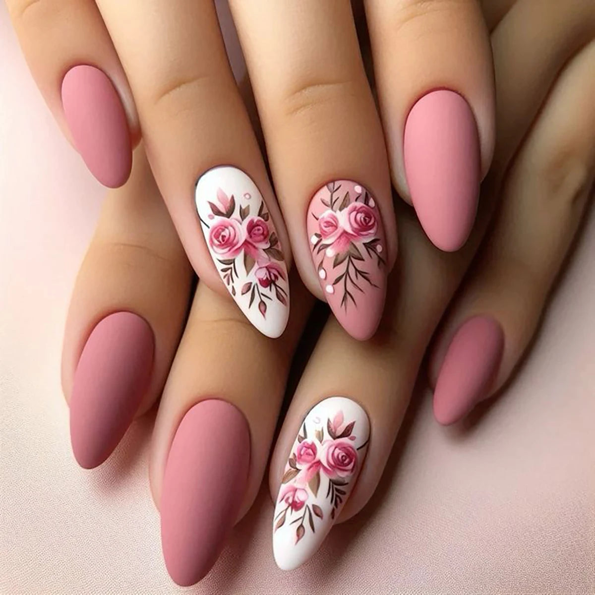 Upgrade your nail styling 24pcs medium length almond shape pink fresh floret wear nail manicure press nail piece & 1 rub strip &