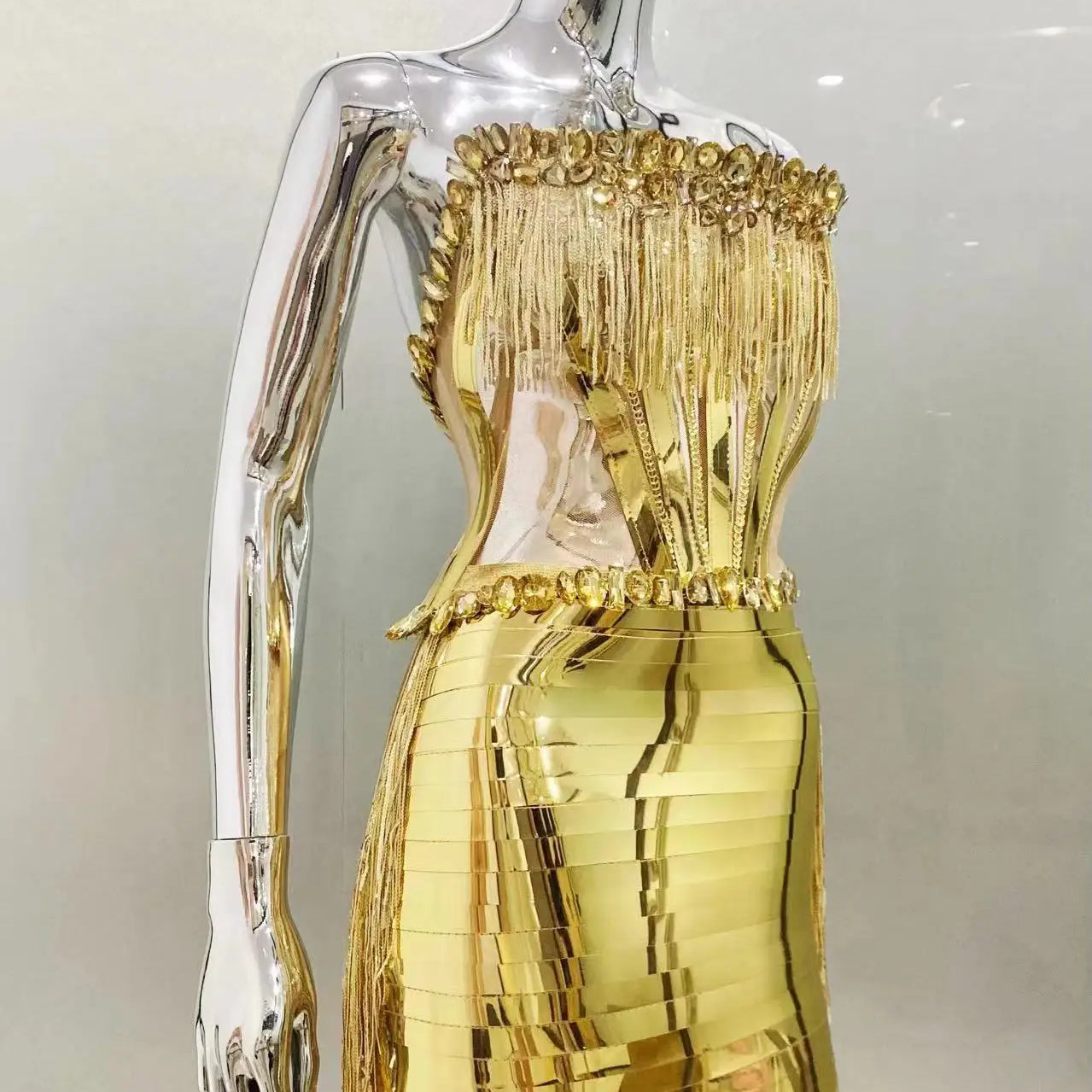 Gold Color Women Sexy Strapless Shinning Crystal 2 Pieces Bodycon Mini Dress Nightclub Party Performance Costume Birthday Dress