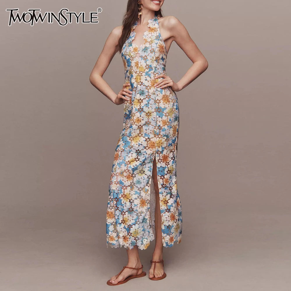 TWOTWINSTYLE Colorblock Hollow Out Spliced Printing Elegant Dresses for Women Halter Neck Sleeveless Split Dress Female Fashion