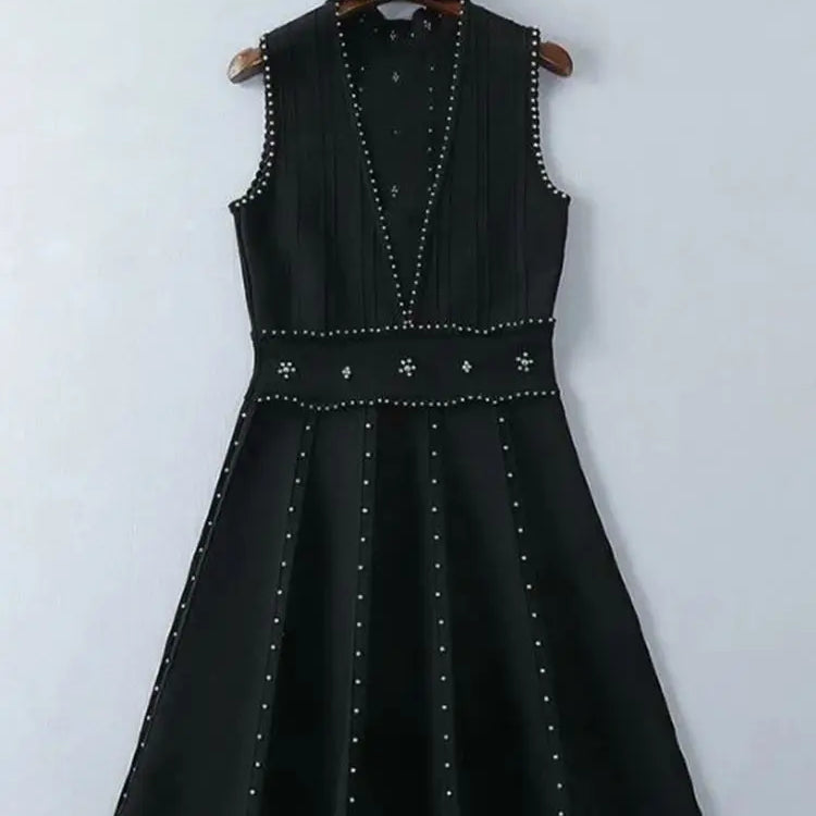 Ailigou New Summer Women's A-line Black Sleeveless Beaded Sexy Elastic Knitted Mini Dress Elegant Celebrity Party Dress