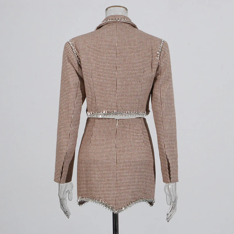 TWOTWINSTYLE Solid Two Piece Set For Women Notched Collar Long Sleeve Spliced Diamond Blazer High Waist Skirt Casual Set Female