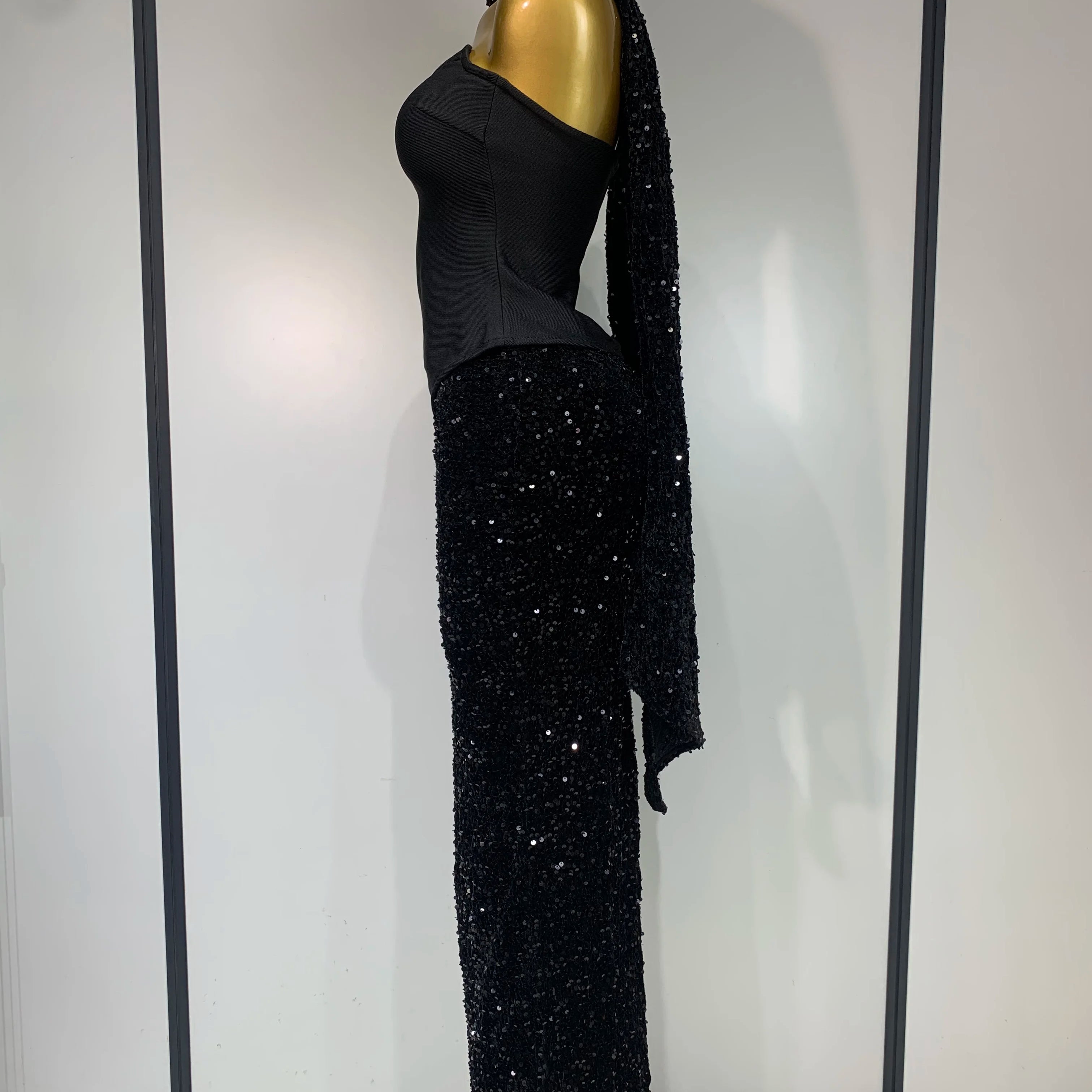 Women Sexy Strapless Sequin Black Maxi Long Bandage Three Piece Set 2025 Knitted Elegant Evening Club Party Birthday Prom Gowns