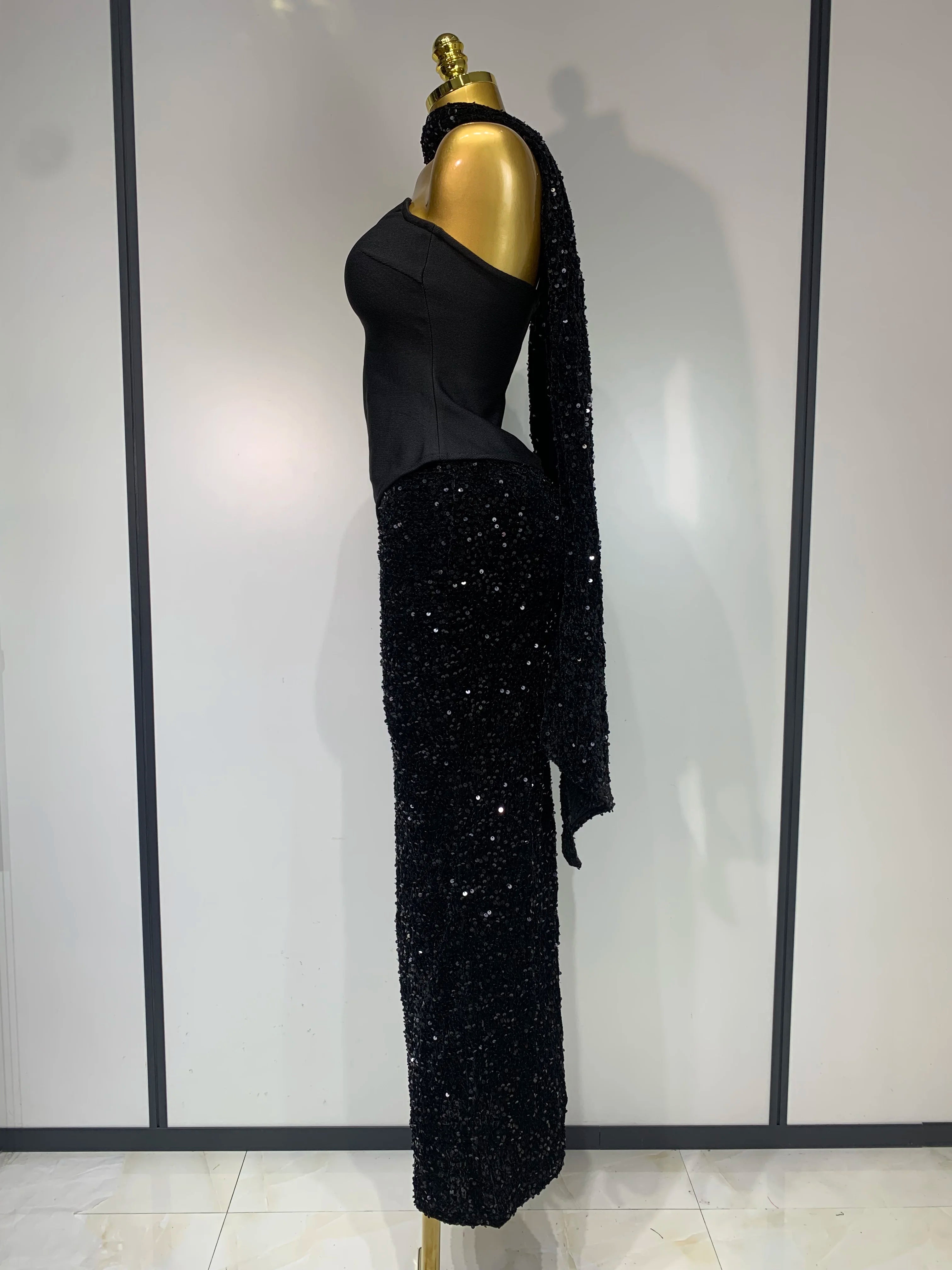 Women Sexy Strapless Sequin Black Maxi Long Bandage Three Piece Set 2025 Knitted Elegant Evening Club Party Birthday Prom Gowns