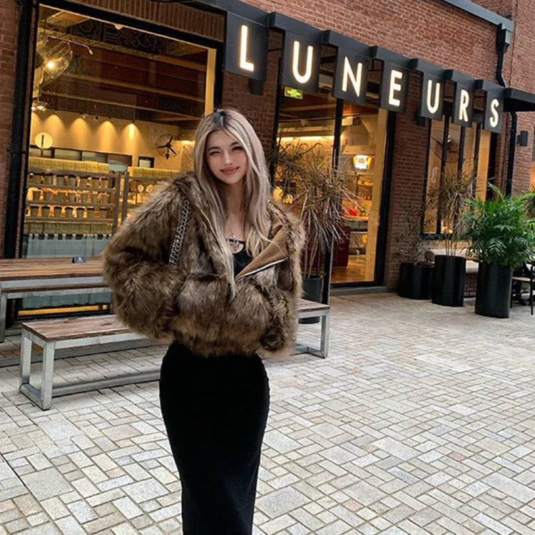Autumn Winter Chic Luxury Short Soft Thick Warm Hairy Shaggy Faux Fur Coat Women with Hood Zipper Fluffy Jacket 2024