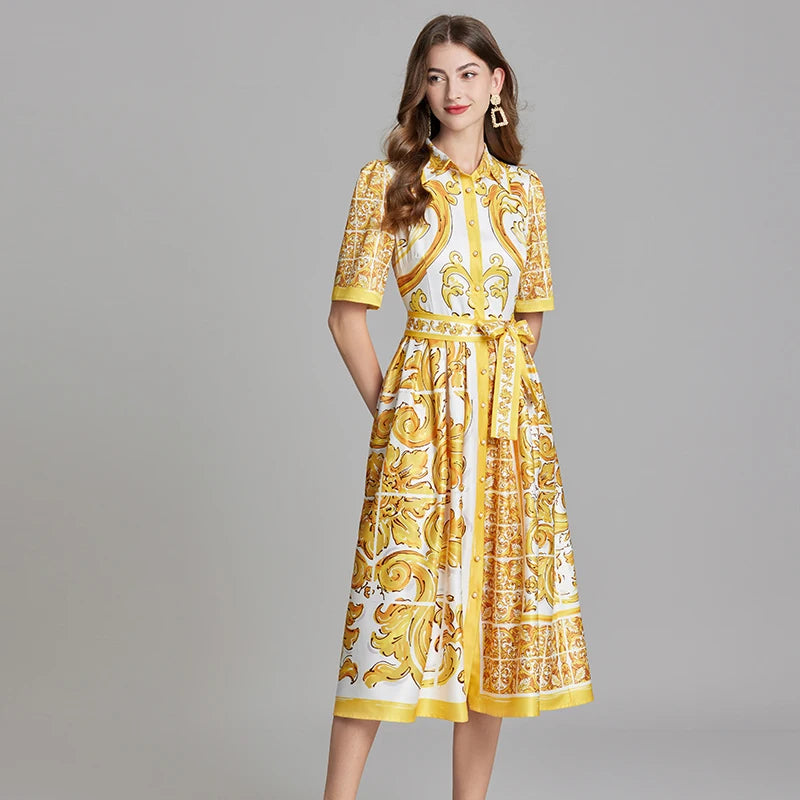 Summer Holiday Yellow Paisley Print Shirt Dresses Women's Turn Down Neck Short Sleeve Belt High Waist Beach Party Vestidos