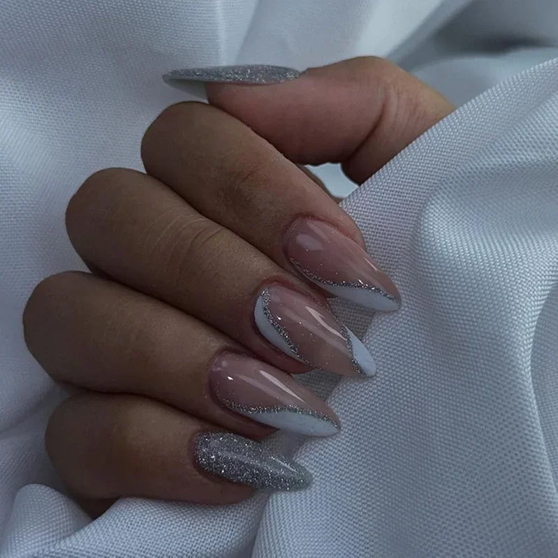 24Pcs Mid-length False Nails with Almond Head Design Brown Gold Lines Fake Nails Oval Wearable French Press on Nail Tips