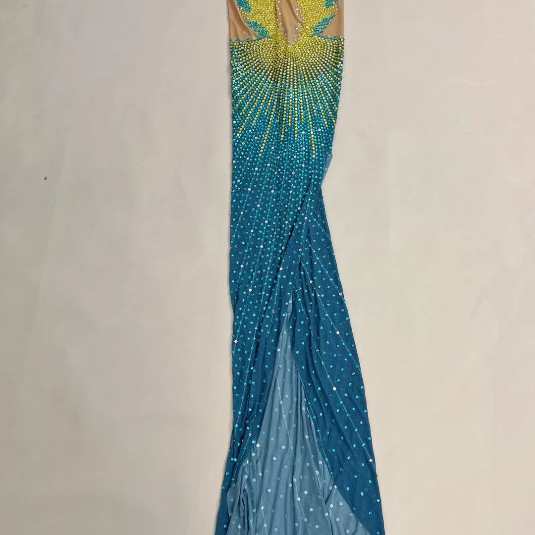 Sparkly Rhinestone Sheer Long Dress With High Side Slits Evening Gown Cocktail Party Club Singer Maxi Dress Ball Dress kongqueyu
