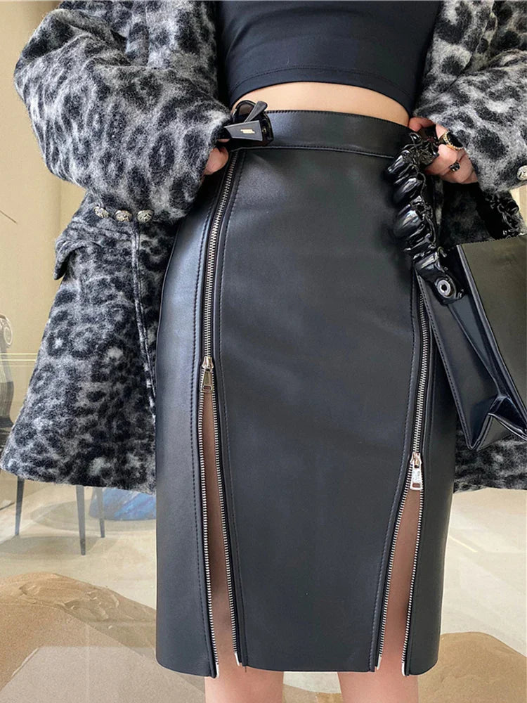 Lautaro Autumn Soft Black Pu Leather Midi Skirt Women with Double Slit Zipper High Waist Korean Style Fashion 2021 Streetwear Black