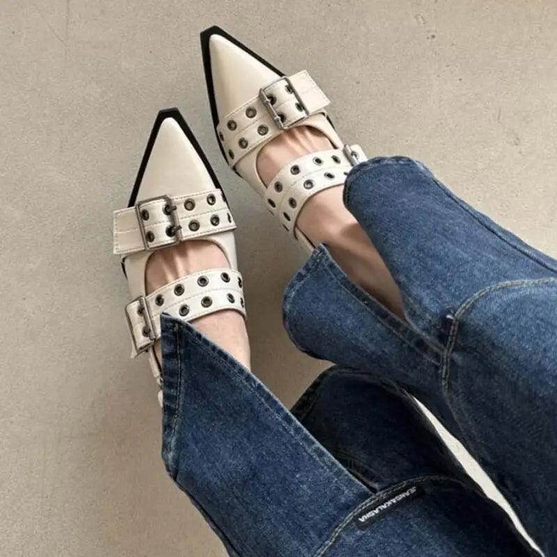 European and American Spring/Summer 2024 New Brand Rivet Sandals Low Heel Pointed Fashion Women Muller Shoes Black Big Size 42