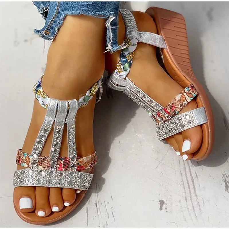 Women's Sandals Summer Bohemia Platform Wedges Shoes Crystal Gladiator Rome Woman Beach Shoes Casual Elastic Band Female Silver