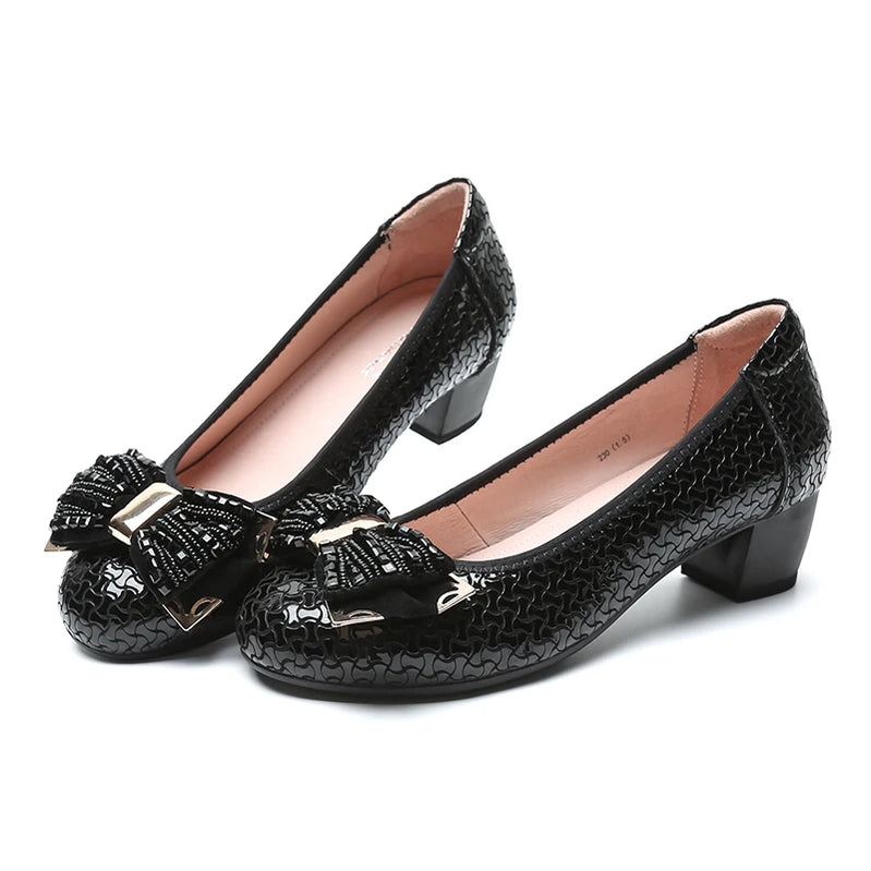 Pumps Women's Medium Heel Shoes Bow Heels Comfortable Women's Shoe Round Toe Shoes High Luxury Leather Elegant Moccassin Spring Black